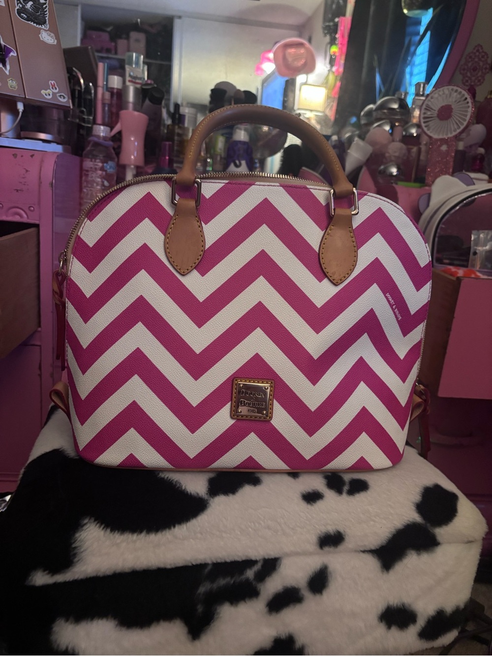 Dooney & Bourke Pink and White Chevron Dome Satchel